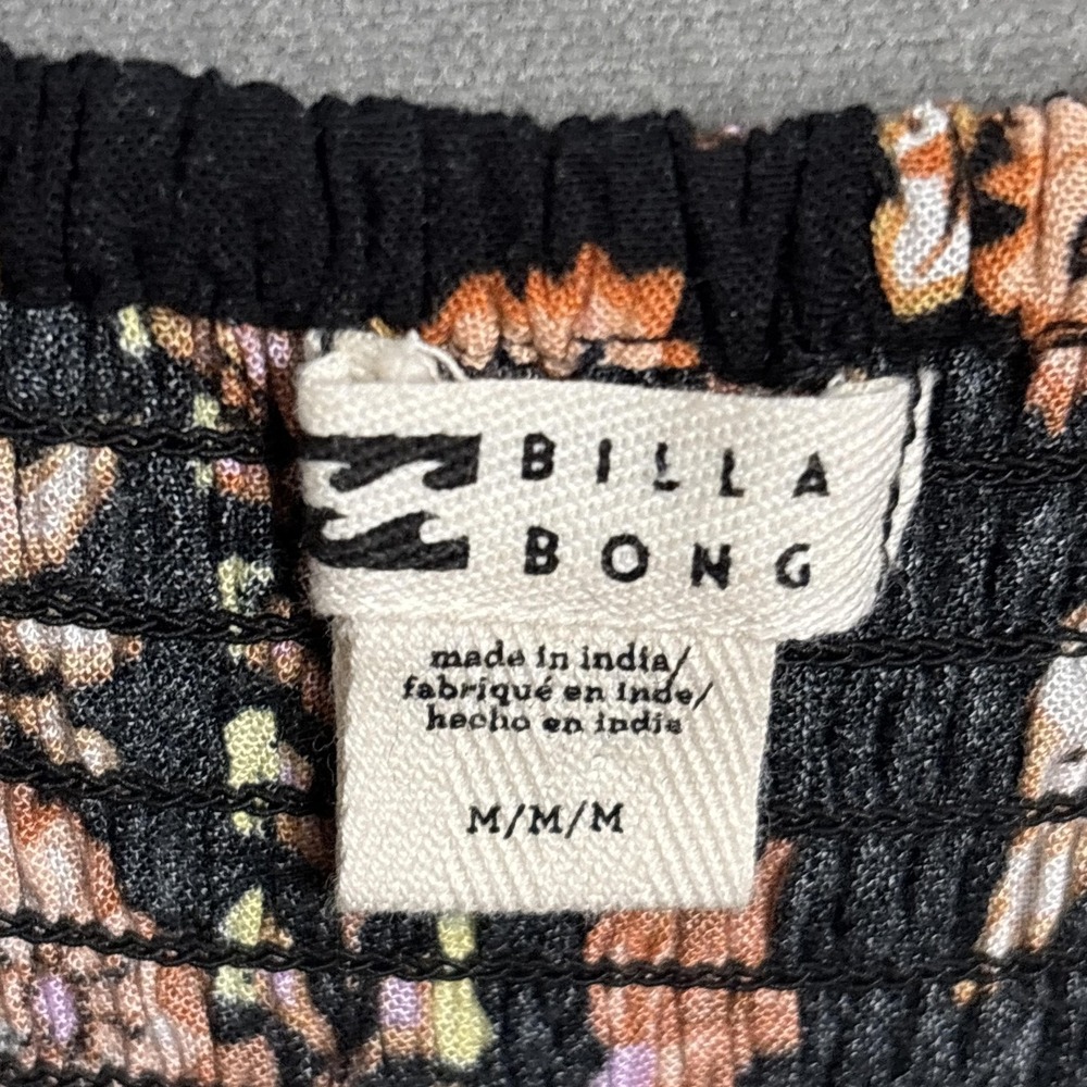 Billabong Dress M Black Floral‎ Smocked Puff Sleeve Midi Gauzy Boho Babydoll - Picture 7 of 10